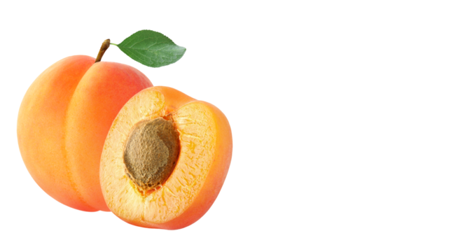 transparent png, Fresh ripe apricot fruit with green leaf and half showing pit, juicy summer fruit isolated on transparent background, PNG.