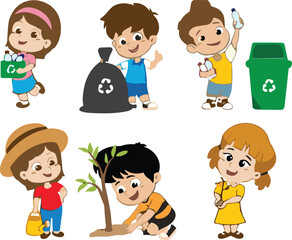 Cartoon children, recycling, planting trees, environmental care, nature conservation, eco-friendly kids, waste management, green habits, vector illustration, sustainability
