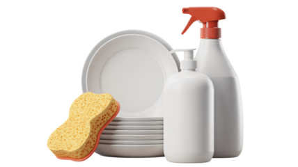 Sparkling clean dishes and essential cleaning supplies ready for a spotless kitchen, making chores effortless and quick for a tidy home.