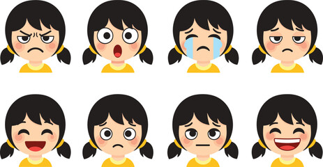 Cartoon girl emotions, facial expressions, angry, happy, sad, surprised, worried, joyful, bored, emotional learning vector illustration for kids