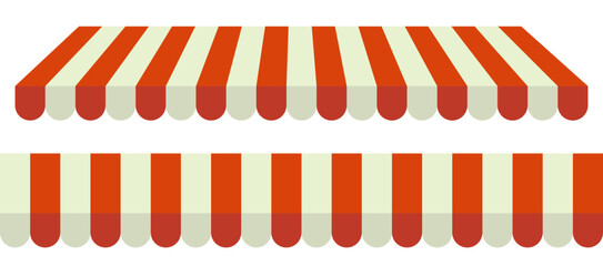 Red and white striped shop awning. Store tent. Vector illustration of a store or market canopy isolated on transparent background. © Olga Tsikarishvili