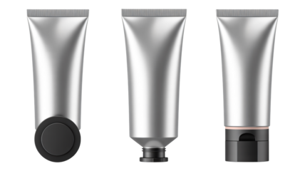 Sleek silver cosmetic tubes with assorted caps showcase product packaging perfection for beauty brands seeking modern design
