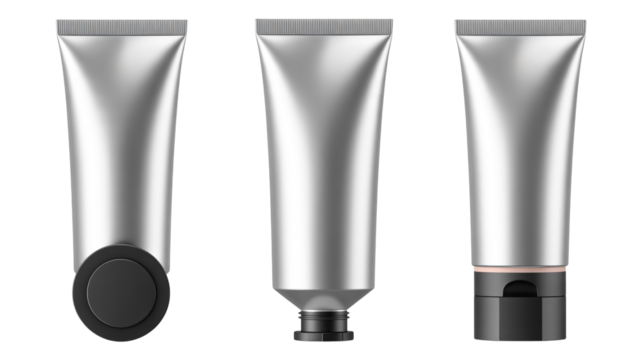 Sleek silver cosmetic tubes with assorted caps showcase product packaging perfection for beauty brands seeking modern design