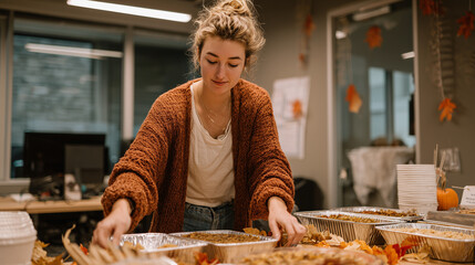 Thanksgiving Feast: a woman in office arranges thanksgiving feast, office thanksgiving 