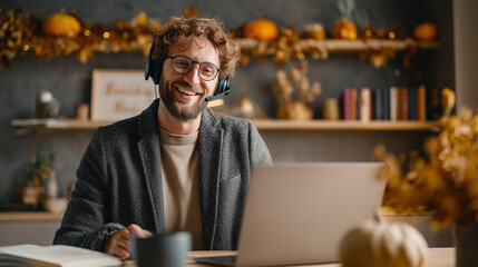  A friendly man, equipped with a headset and glasses, works remotely on his laptop. The background displays books, decoration, pumpkin. Thanksgiving setting, thanksgiving background 
