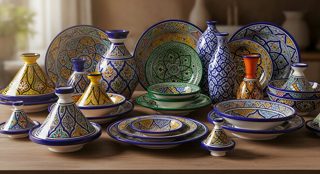 Exquisite handcrafted Moroccan ceramics displayed elegantly on a wooden table, perfect for culinary presentations and design projects