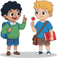 Cartoon school boys, friendly interaction, backpack, lollipop, book, childhood friendship, student life, vector illustration, outdoor scene, playful kids