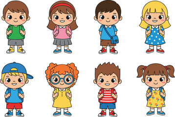 Cartoon school children, diverse students, colorful outfits, backpacks, cheerful expressions, classroom kids, vector illustration, educational theme, happy group, student diversity