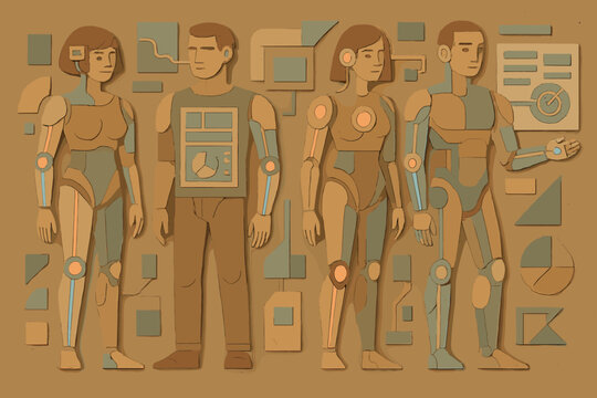 Humans cybernetic technology neon bubbles no labels fusion aesthetics icon vector text