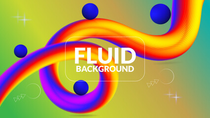 Vibrant abstract fluid background with multicolored tube and blue spheres