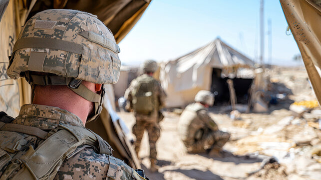 Military personnel camp setting, wearing camouflage uniforms and helmets, engaged various activities. scene conveys sense of duty and teamwork - Powered by Adobe