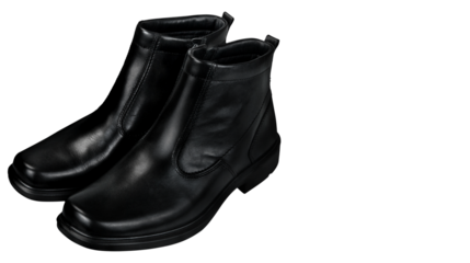 Pair of elegant black leather ankle boots for men, stylish winter fashion footwear with classic design and durable sole, isolated on transparent background, PNG.