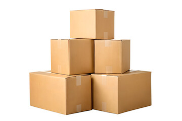 Fototapeta premium A well-organized stack of plain brown cardboard boxes sealed with tape, isolated on a clean white background, representing moving, shipping, or storage concepts