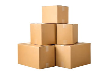 A well-organized stack of plain brown cardboard boxes sealed with tape, isolated on a clean white background, representing moving, shipping, or storage concepts