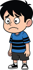 Cartoon, boy, worried, expression, anxious, emotion, blue shirt, black hair, concern, feelings, vector, illustration, child, frown, sneakers, mood, thoughtful, reaction, facial, striped
