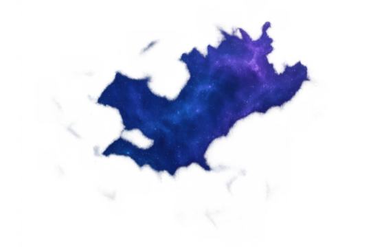 Cosmic galaxy shape featuring deep blue and purple nebula with twinkling stars on a transparent background
