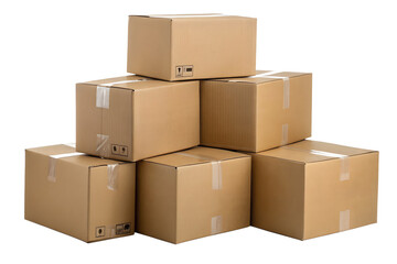 Stack of brown cardboard boxes, securely sealed with tape, isolated on a white background, representing efficient logistics, secure packaging, and reliable delivery or storage solutions