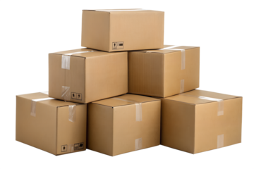 Stack of brown cardboard boxes, securely sealed with tape, isolated on a white background, representing efficient logistics, secure packaging, and reliable delivery or storage solutions
