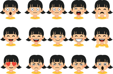 Cartoon, girl, emotions, expressions, facial, pigtails, yellow shirt, mood, feelings, grid, illustration, vector, happy, sad, angry, surprised, confused, love, frustration, excitement, reaction