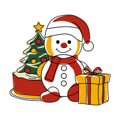 cute smiling snowman selfie and gifts drawn with lines with colored accents isolated on white