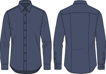 Dark Blue Long Sleeve Button-Up Shirt Front and Back View Technical Fashion Illustration for Apparel Design, Garment Construction, Retail Use