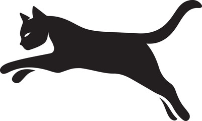 Black Silhouette of a Leaping Cat on White Background, Dynamic Jumping Cat Silhouette Illustration