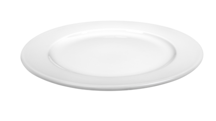 Empty white ceramic dinner plate for serving meals, minimalist round tableware design for kitchen or restaurant use, isolated on transparent background, PNG.