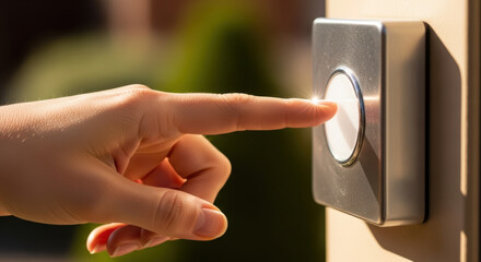 Naklejka premium Finger presses doorbell, modern apartment entrance, home security button, finger at the door, call button, entrance access system
