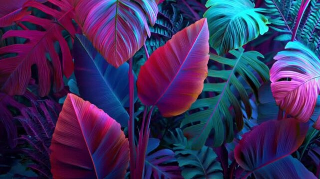 A vibrant flat lay of tropical leaves in fluorescent neon colors, showcasing a creative and artistic nature concept with bold, exotic foliage arranged in a visually striking, modern composition