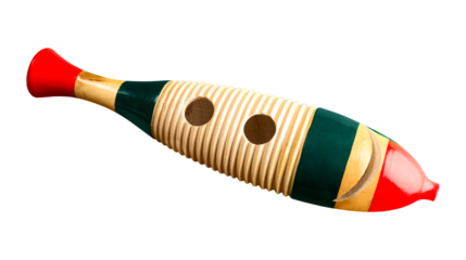 Colorful wooden fish-shaped guiro percussion instrument with grooves and holes for rhythm sound, traditional Latin music tool, isolated on transparent background, PNG.