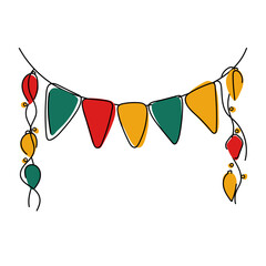 christmas garland with tree decorations, flags and lanterns, line art postcard