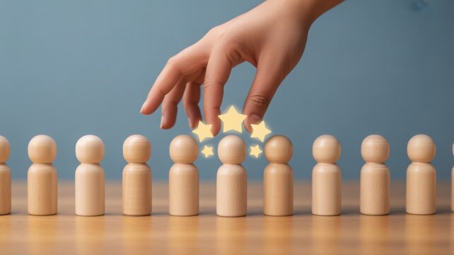 A hand selecting a star rating over a wooden peg figure representing people