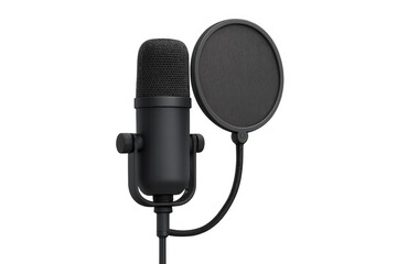 Professional studio microphone with pop filter, recording sound for podcasting and broadcasting, transparent background