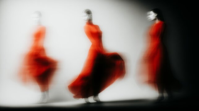 Elegant dancers in red dresses performing fluid movements under soft lighting - Powered by Adobe