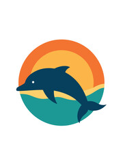 Obraz premium Stylized dark blue dolphin leaping through teal waves against a warm sunset circle