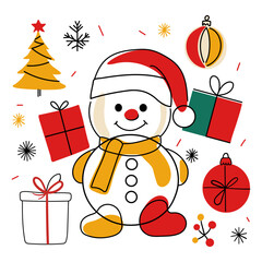 Hand drawn Merry Christmas vintage card set. Xmas design with Christmas tree, bows, gifts, snowflakes. Minimalist posters in cute line style.