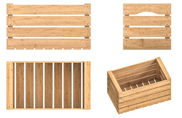 Wooden crate parts and empty box set 3d