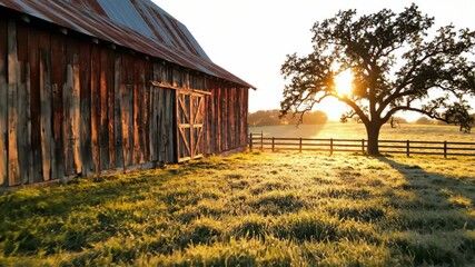 Majestic Barn at Sunrise Surrounded by Mist and Green Grass - Powered by Adobe