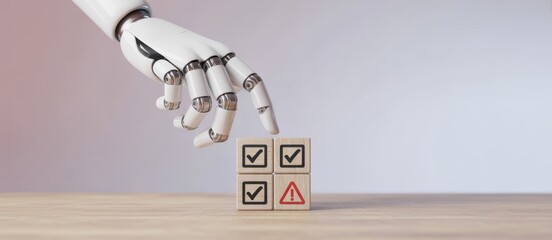 Robotic Precision: A robotic hand carefully interacts with wooden blocks featuring a mix of check marks and an alert sign, symbolizing the precision and decision-making capabilities of automation.