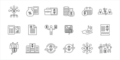 accounting isons set. accountant, business firm, budget, money management, money flow, financial audit, financial statement and more. simple line vector