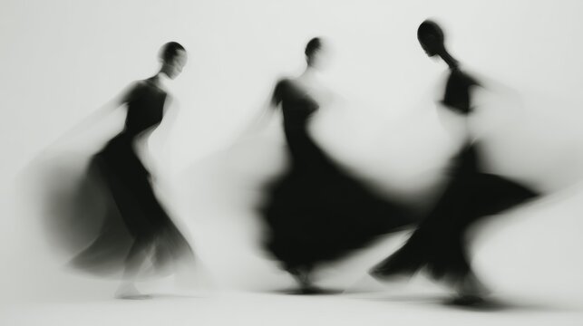 Dancers moving gracefully in flowing black dresses with blurred motion effect in a minimalist setting