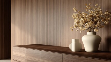 Fototapeta premium Elegant interior scene featuring a wooden cabinet with decorative vases and dried flowers in soft lighting