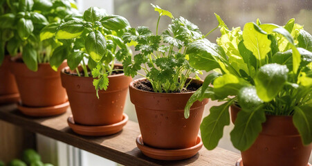 Obraz premium Herb Garden on a Windowsill: Fresh Basil, Parsley, and Arugula in Terracotta Pots.
