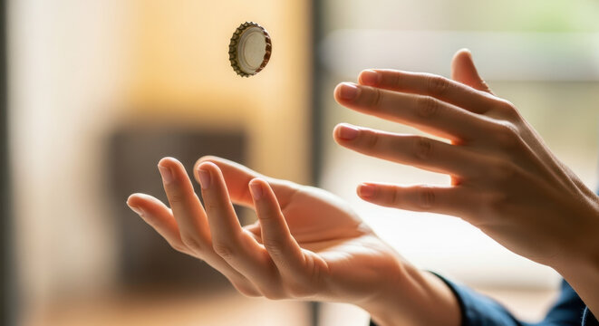 Hands tossing a bottle cap in the air, warm light background for casual drinks and social gathering themes
