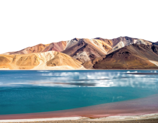 A serene landscape, showcasing a lake reflecting mountain range under a bright sky