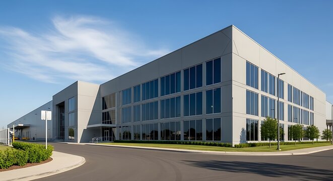 Exterior facade of a modern gray corporate office building with large glass windows under a clear blue sky