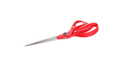 Sharp stainless steel scissors with red plastic handle, professional cutting tool for fabric, craft, or office use, isolated on transparent background, PNG.