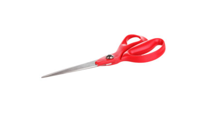 Sharp stainless steel scissors with red plastic handle, professional cutting tool for fabric, craft, or office use, isolated on transparent background, PNG.