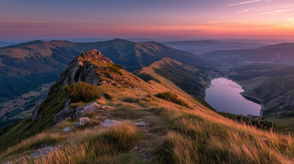 Stunning mountain peak overlooking a lake at sunset in bieszczady, poland © MONIRA