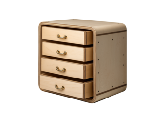 Birch plywood chest of drawers with brass handles isolated on a transparent background